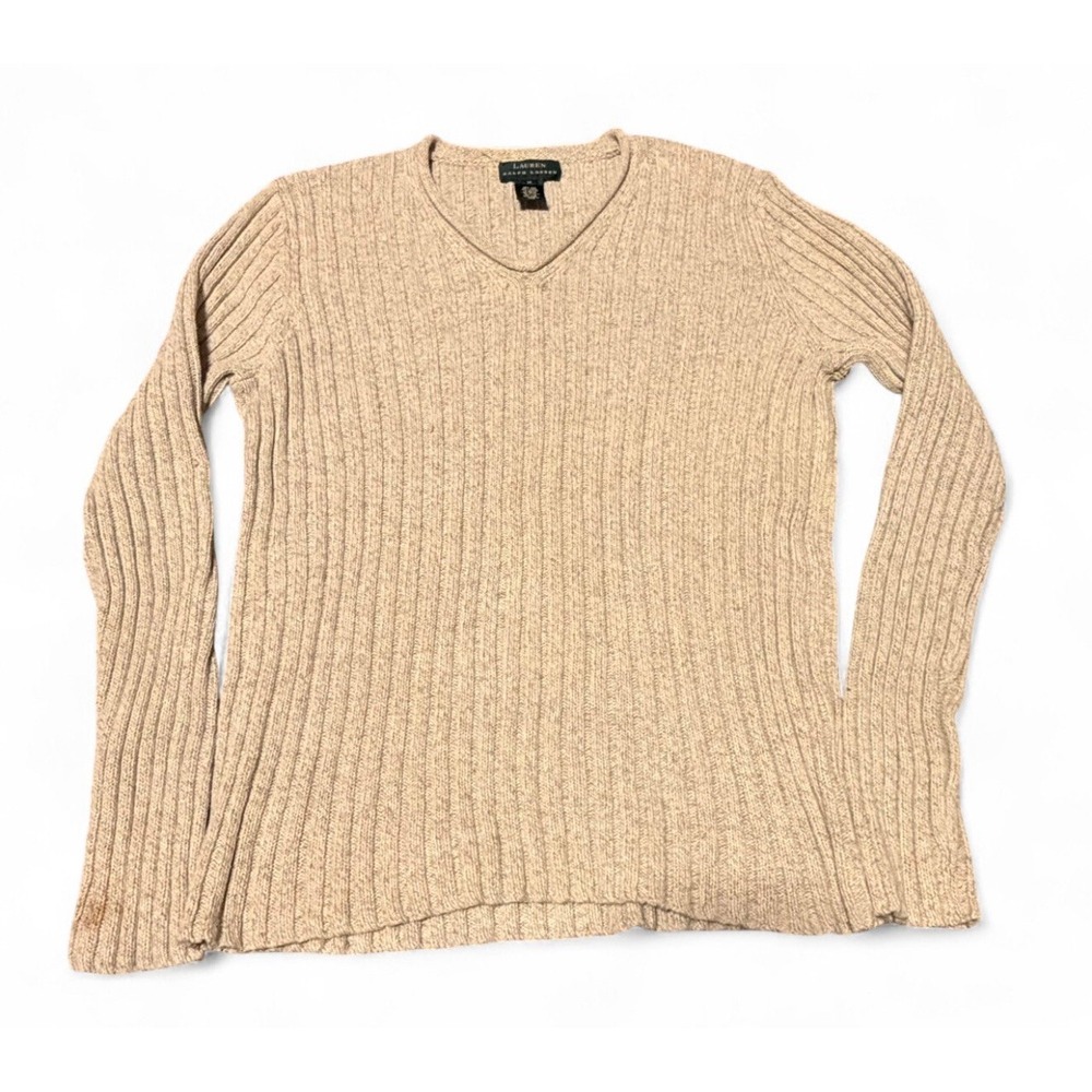 Lauren Ralph Lauren Womens M Beige Ribbed Silk Linen Cotton V Neck Sweater